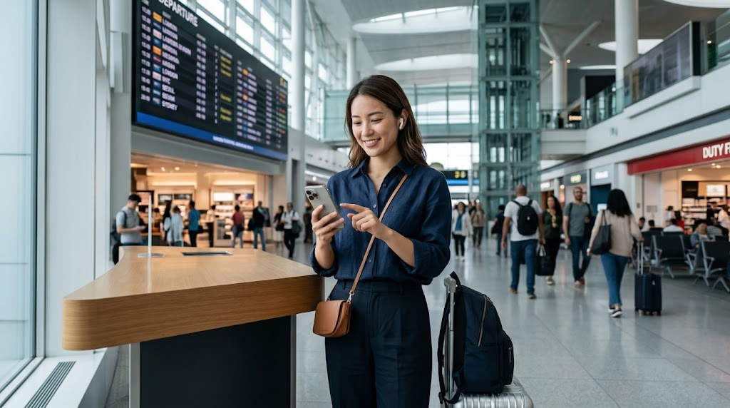 空港でスマートフォンを操作しeSIMを設定する旅行者