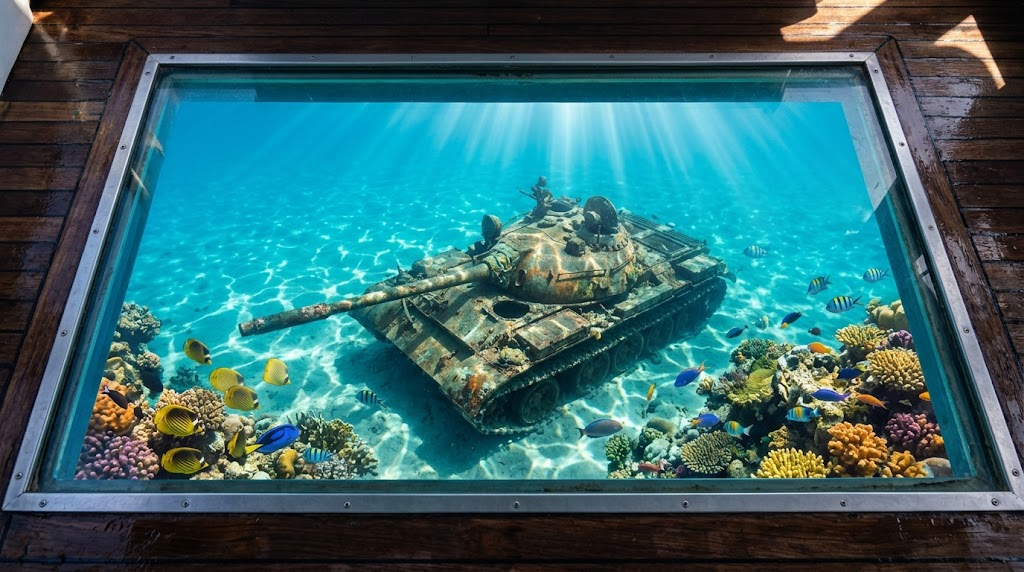 グラスボトムボートのガラス底から見える水深6mに沈む戦車（The Tank）の様子