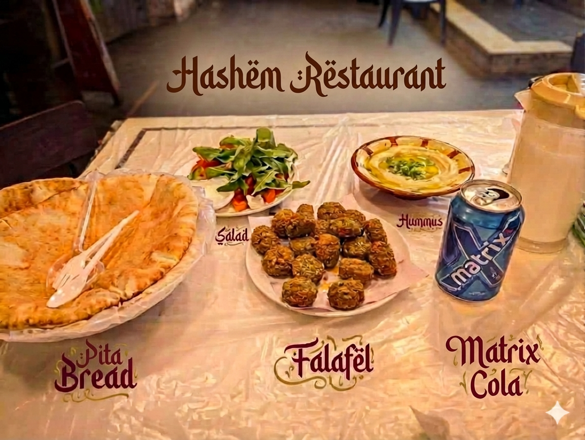 Hashem Restaurantで提供されるファラフェル、フムス、ピタパン、サラダ、マトリックス・コーラ