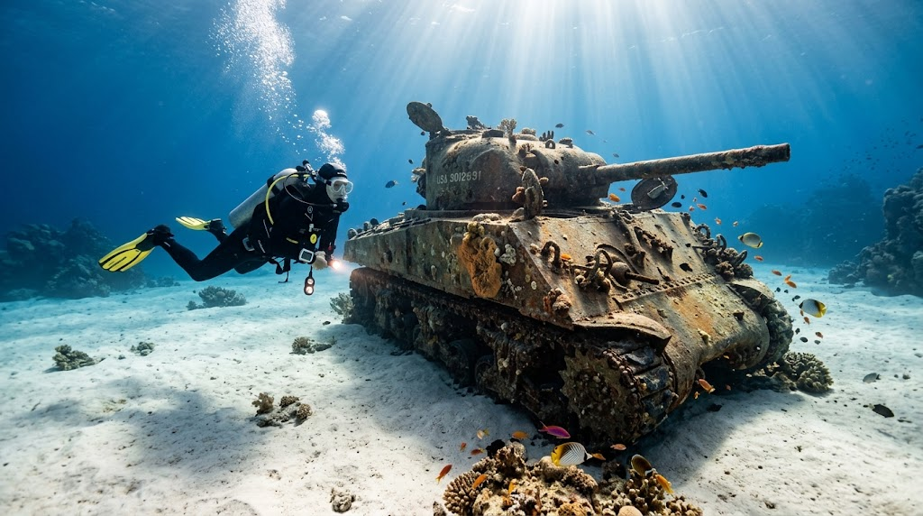 白い砂地の海底に沈む戦車や軍用車両の周りを泳ぐダイバーたち