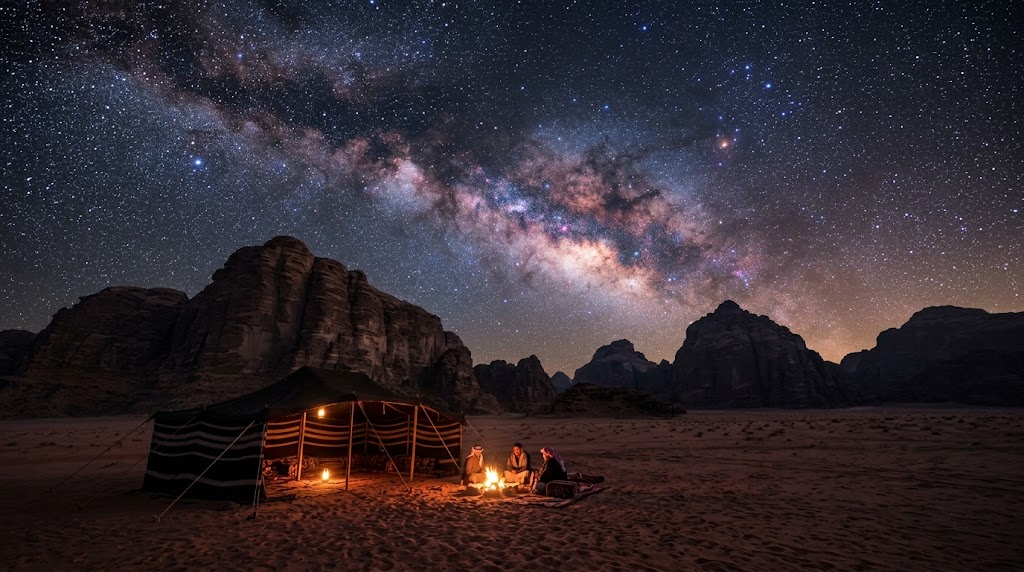 テントを背景に、無数の星が輝くワディ・ラムの夜空