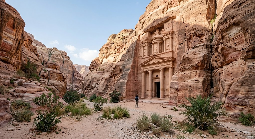 ワディ・ファラサの下山ルートに佇むローマ式兵士の墓と色鮮やかな砂岩の景観