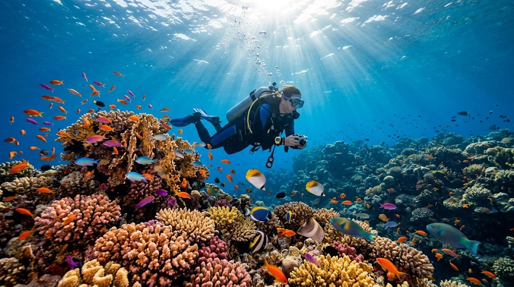 透明度の高い紅海を泳ぐダイバーと色鮮やかなサンゴ礁
