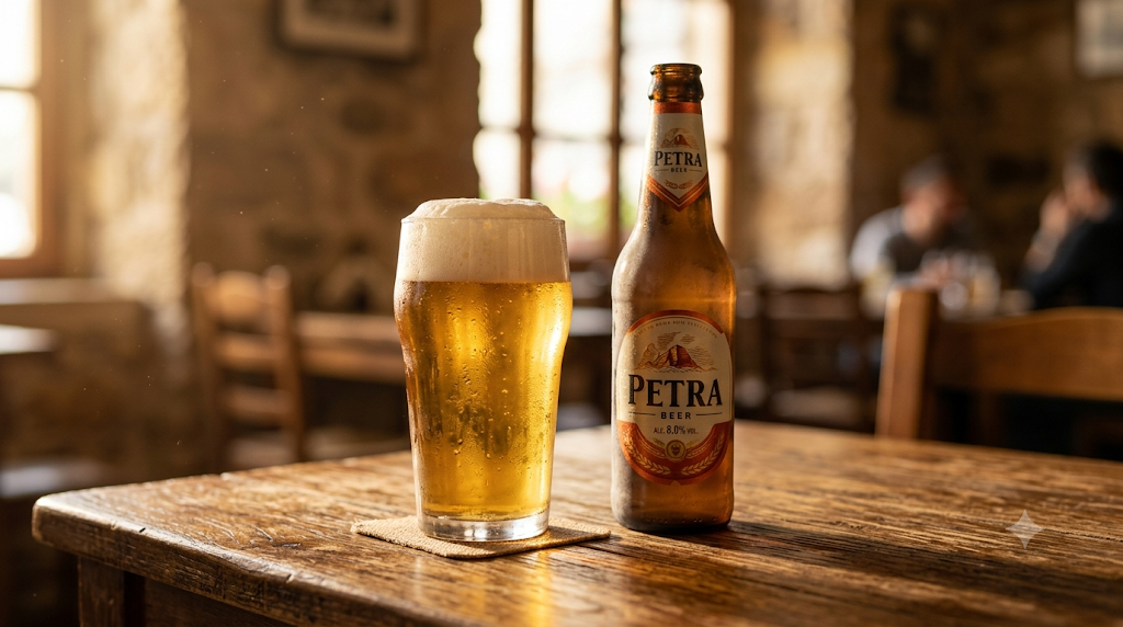 よく冷えたペトラビールのボトルとグラスのセット
