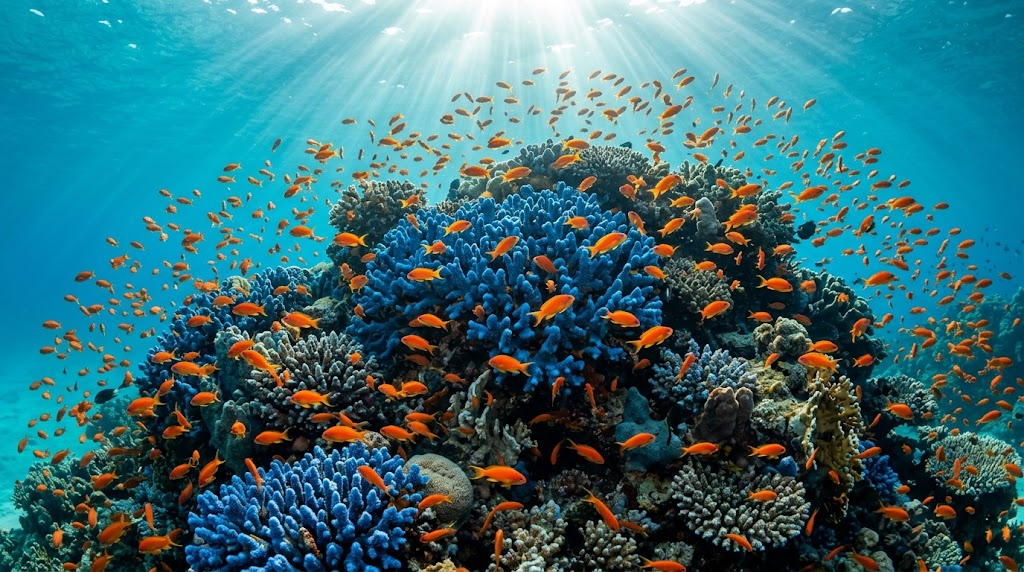 色鮮やかな青珊瑚の群生とそこを群れで泳ぐ熱帯魚たちの美しい風景