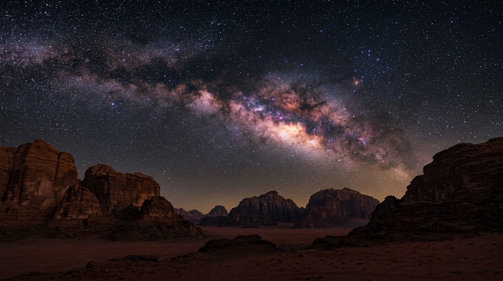 光害のない砂漠の夜空に広がる息を呑むような満天の星