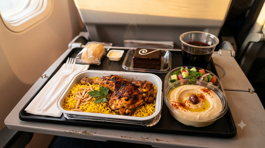 ロイヤル・ヨルダン航空のエコノミークラスで提供されたチキンとライスの機内食トレイ