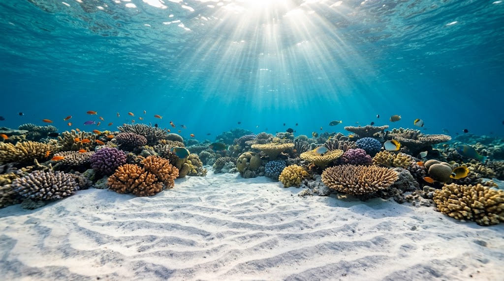 First Bayの透き通るような青い水中に広がる白い砂地と色鮮やかなサンゴ礁
