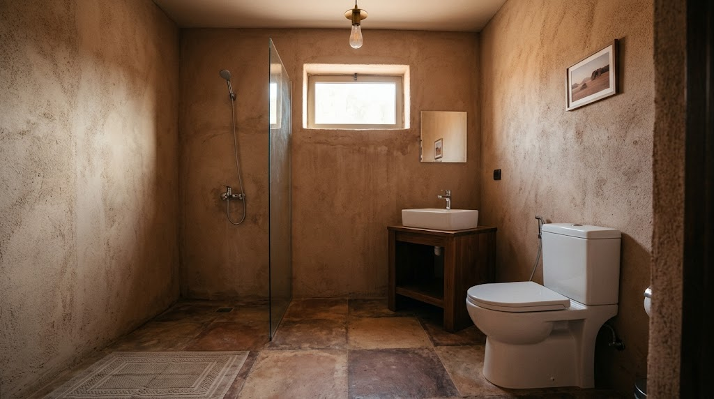 テント内部または共用棟の清潔な水洗トイレとシャワールームのリアルな様子