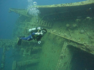 巨大なCedar Pride Wreckの外観と周囲の青い海
