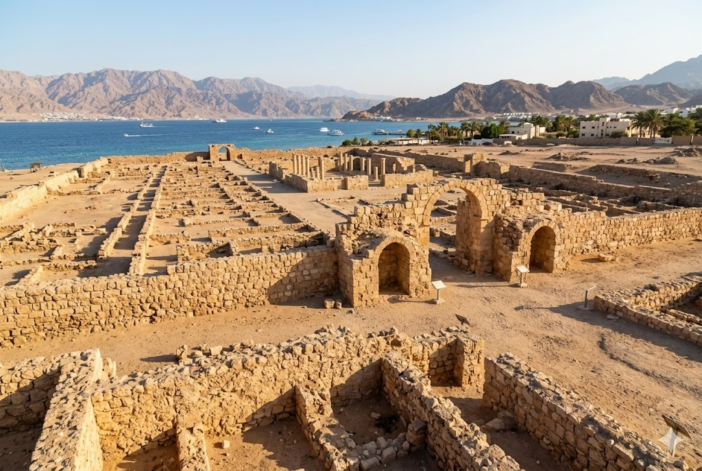 風化した石積みが残るアライラの古代遺跡と背景に見える現代のアカバ市街
