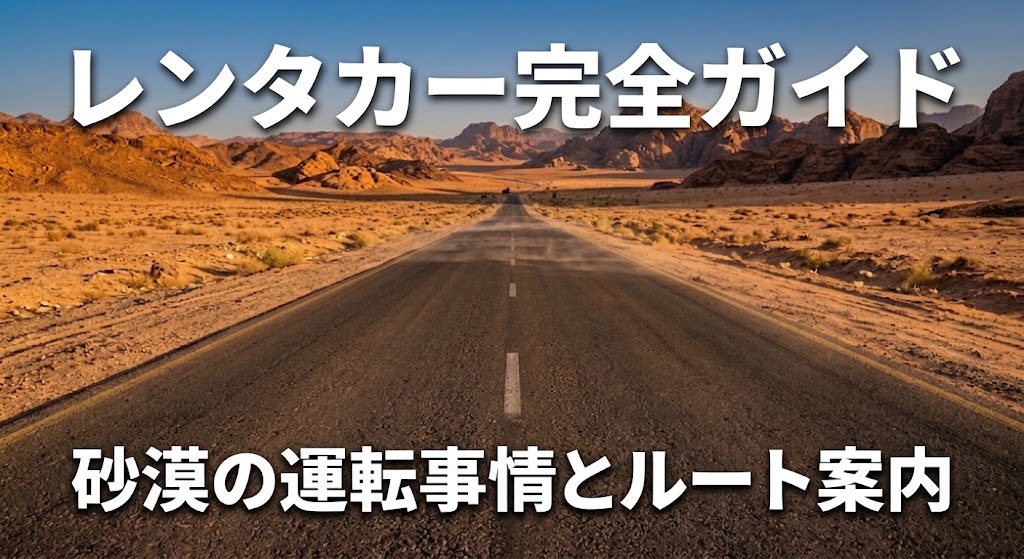 デザートハイウェイを走るレンタカーと雄大な景色