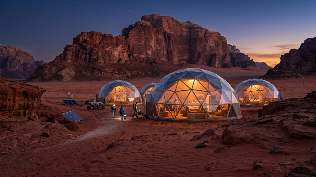 砂漠の中に建ち並ぶ近未来的な火星風ドームテントの外観