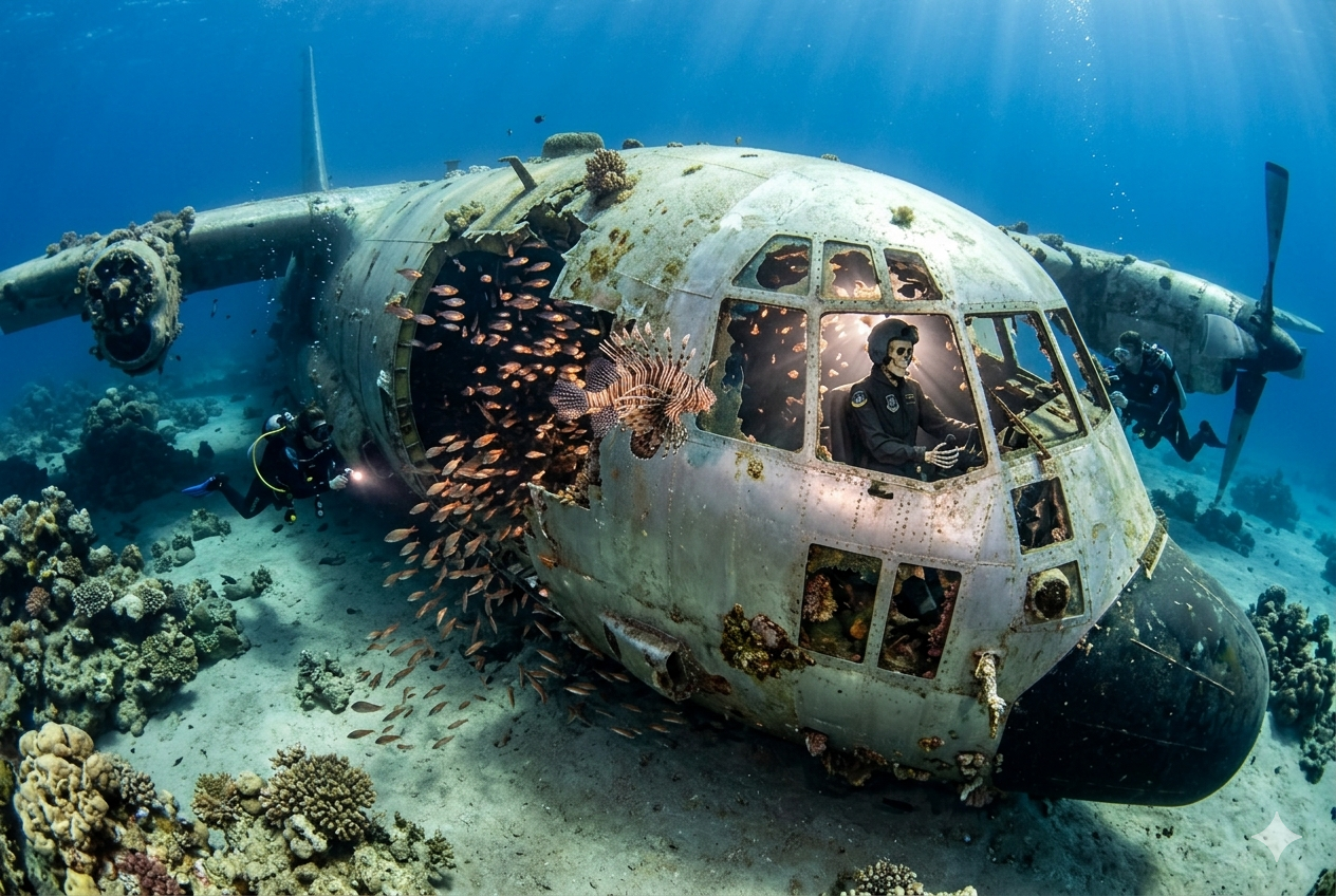 C-130 Herculesのコックピットに座る骸骨の人形と幻想的な海中の様子
