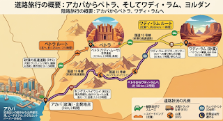 アカバからペトラ、ワディラムを結ぶ主要ドライブルートの広域マップ