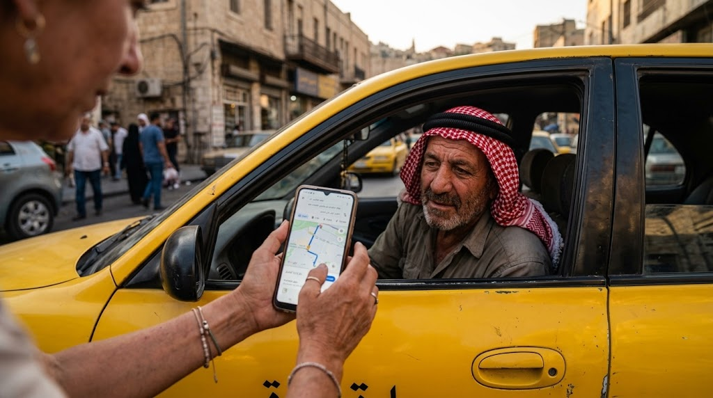 タクシーの窓越しにスマートフォンで地図を見せて交渉する旅行者