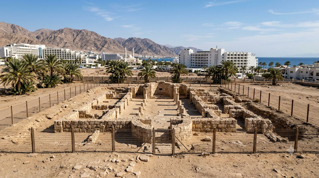 アカバ市内の空き地に保護されている世界最古のキリスト教会遺構の石積みの土台