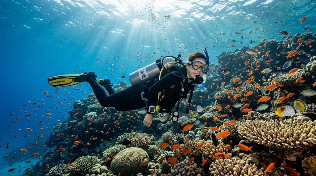 紅海の透明度の高い海中で現地のガイドと共に潜る日本人ダイバーの様子
