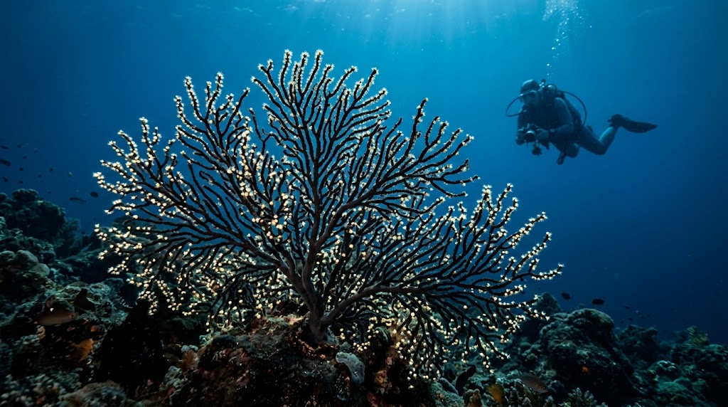 水中に群生する黒サンゴとそれに群がる熱帯魚たち