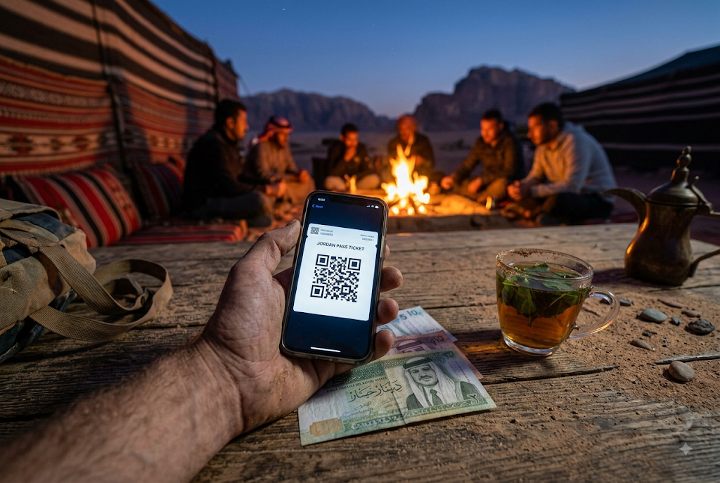 ヨルダンディナール紙幣とスマートフォンに表示されたヨルダンパスのQRコード